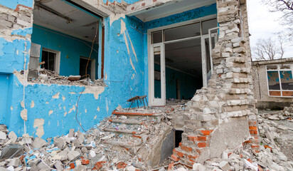 destroyed school building in Ukraine