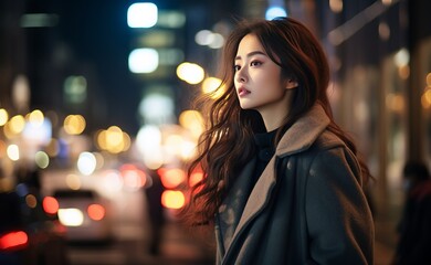  pretty asian women walk through downtown at night with blur background