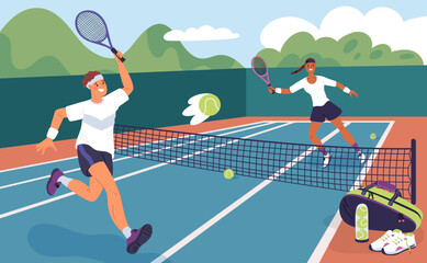 Lawn tennis players on court. Cartoon professional athletes hit ball. Pre match training process. Outdoor sport stadium. Man and woman play active game together. Garish vector concept