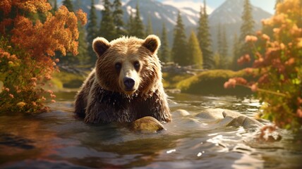 Beautiful bear is sitting by the river forest image Ai generated art - obrazy, fototapety, plakaty