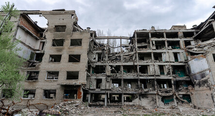 destroyed school building in Ukraine