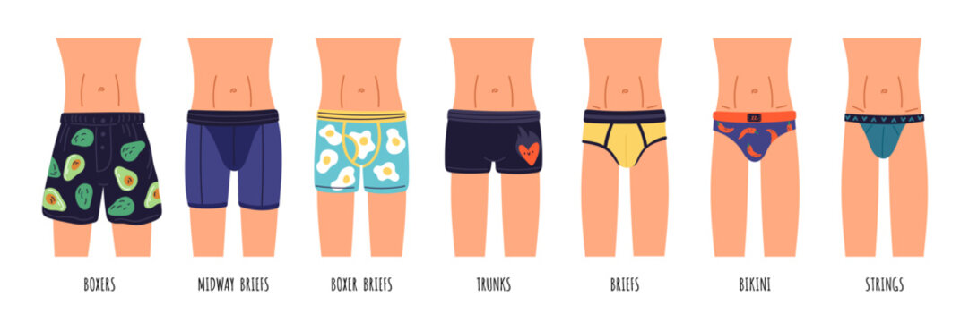 Man underwear types wearing on body. Male fashion model in various underpants. Casual clothes elements. Cotton underclothes. Boxers and shorts. Boys undergarment. Garish vector concept