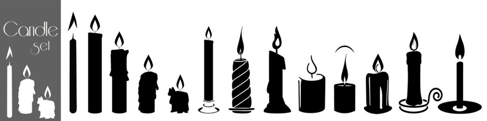 Set of black silhouette burning candles