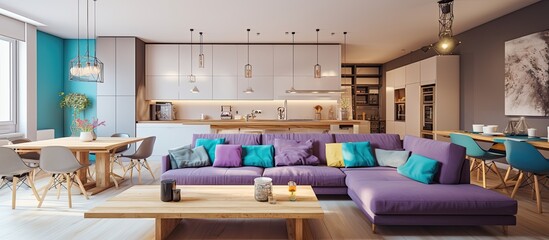 Family living space with open plan layout including wooden kitchen countertop purple radiator...