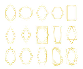 Golden geometric polygon. Decorative border hexagon and pentagon shapes, luxury minimal decorative elements for wedding invitation design. Vector set - obrazy, fototapety, plakaty