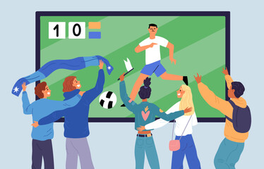 Fototapeta na wymiar Soccer fans stand with backs. Friends cheer for sports team. People watch match on TV screen. Athletes support. Football competition show. Men and women group. Garish vector concept