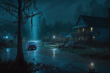 A flooded town caught in a torrential downpour and mudslides. 