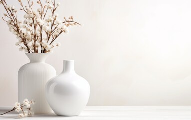 White vase with flowers on white wooden table and white wall background