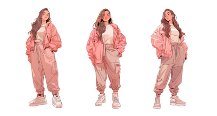 Curvy girl in comfy pastel pink jacket and trousers, relaxed outfit. Young woman character standing in different poses, full height illustration. - 662738182