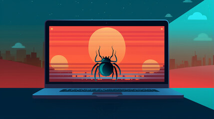 Computer bug on laptop screen symbolizing threat of software bugs and elusive nature of zero day vulnerabilities in software security, critical bug in computer software - obrazy, fototapety, plakaty