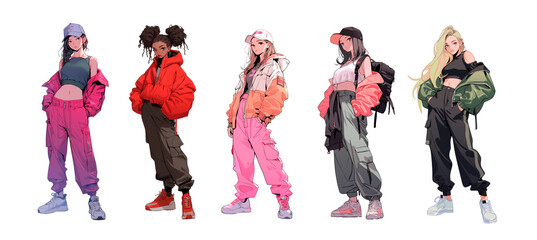 Anime girls in fashion street style outfits. Different manga characters full height illustrations for posters, apparel design.
