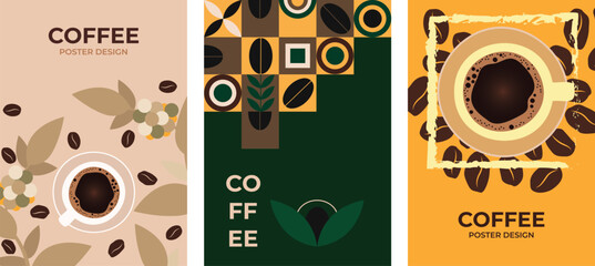 Set of coffee design posters. Poster template, coffee tones, geometric pattern. Vector drawing, design elements.