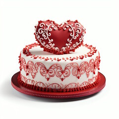 Obraz na płótnie Canvas Red Cake with Heart Shaped Decor Isolated on White Background.
