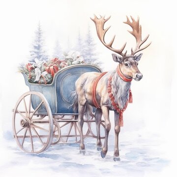 A watercolor illustration of raindeers and sleigh. Generative AI.