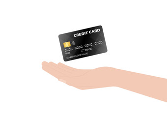Credit Card. Hand Holding Credit Card or Debit Card. Vector Illustration Isolated on White Background. 