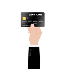 Credit or Debit Card. Businessman's Hand Holding Credit or Debit Card. Hand Showing Credit Card. Vector Illustration Isolated on White Background. 