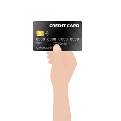 Credit Card. Hand Holding Credit Card or Debit Card. Vector Illustration Isolated on White Background. 