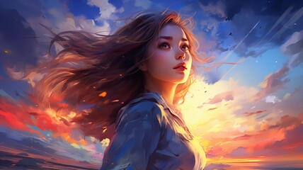 Beautiful girl colorful painting sky looking paint wallpaper image Ai generated art