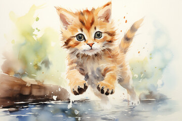 Watercolor paint cute cat. Happy cat.