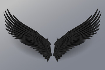 Realistic black wings. Angel black wings or bird fly wing. 3D bird wings design template.