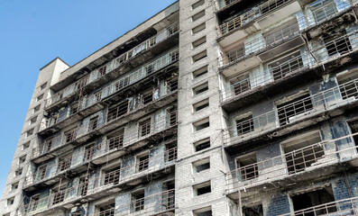 destroyed and burned houses in the city Russia Ukraine war