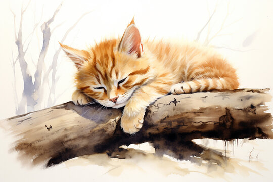 Watercolor paint cute cat. Happy cat sleeping.