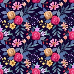 Fototapeta premium Yellow and red rose with small flower and leaf seamless pattern on blue coloe background.