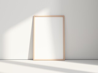 
Vertical wooden poster Frame Mockup on floor in white room, 3d rendering