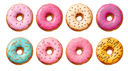 Set of colorful donuts on transparent background, minimalistic vector illustrations