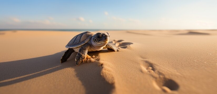 Hastening turtle hatchling to ocean in Baja Mexico With copyspace for text