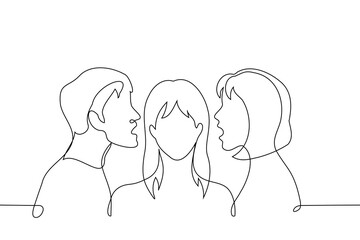 man and woman speak into the ear of a woman standing between them - one line art vector. concept to persuade, raising children, social pressure on women, misogyny, brainwashing, gossips