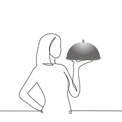 woman stands holding metal tray with lid - one line art vector. concept waitress or female chef standing with lid covered