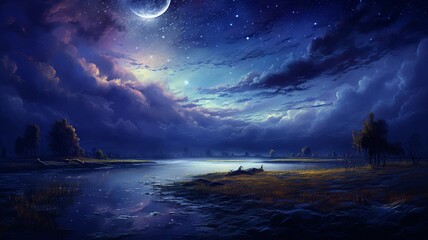 Beautiful night sky scenery easy painting wallpaper picture Ai generated art