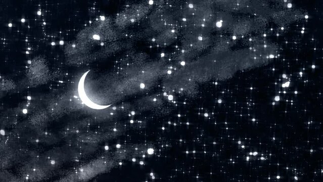 Stylised 2D painterly stylized cartoon animation background night sky with crescent moon, stars and light clouds. Slow rotating camera move.