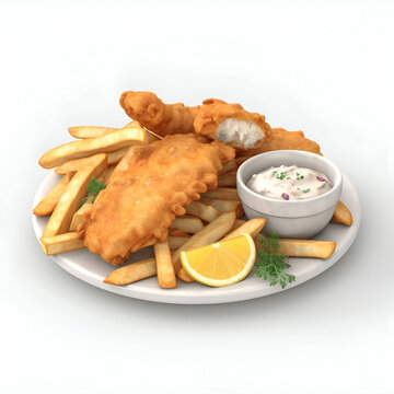 Fish and chips with tartar sauce on white background. 3d illustration