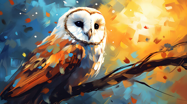 Oil painting style image of an owl on an abstract background. Sharp and strong brush strokes.