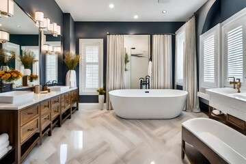 modern bathroom interior with shower and bathtub