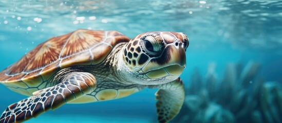 Fototapeta premium Endangered turtle swims in beautiful water With copyspace for text