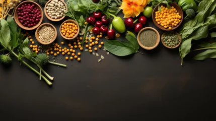 Rolgordijnen Raw organic vegetables with fresh ingredients for healthily cooking on vintage background, top view, banner. Vegan or diet food concept. Background layout with free text space. © darkhairedblond