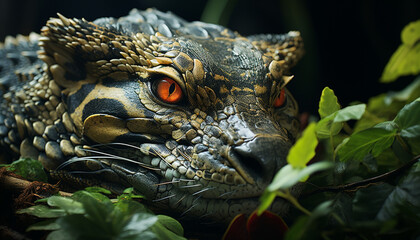 Fototapeta premium Spotted lizard in tropical rainforest, dangerous and venomous reptile generated by AI