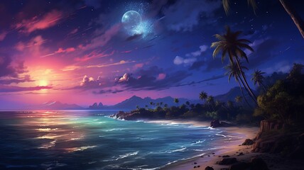 Beautiful sunset beach acrylic painting wall picture Ai generated art