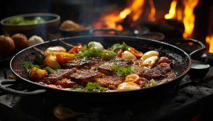 Grilled meat on a cast iron, flame adds heat and freshness generated by AI