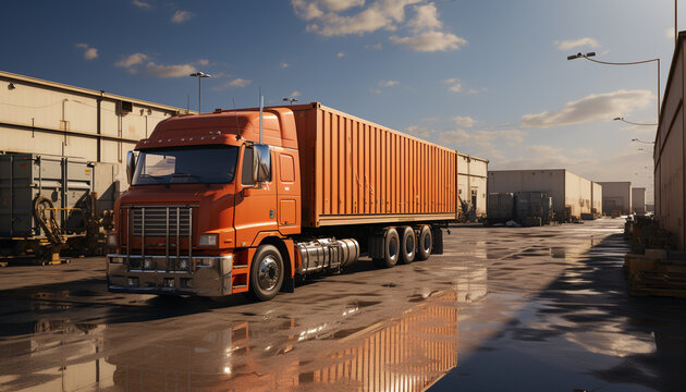 Truck driver delivering cargo container to commercial dock at dusk generated by AI