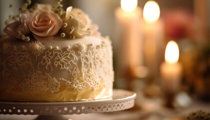 Fototapeta na wymiar Indulgent chocolate wedding cake with creamy icing and floral decoration generated by AI