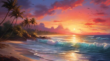 Beautiful sunset painting beach birds flying painting wallpaper picture Ai generated art - obrazy, fototapety, plakaty