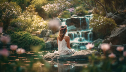 One young woman meditates in lotus position by tranquil pond generated by AI