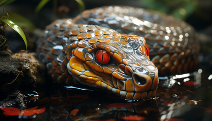 Snake slithers through wet forest, its scales glistening in sunlight generated by AI