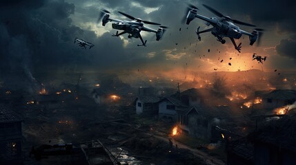  spy drone over war zone at sunset