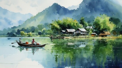 Beautiful vietnam watercolor landscape oil painting image Ai generated art