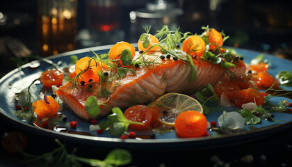 Grilled salmon fillet, fresh tomato, healthy eating, green leaf, gourmet generated by AI